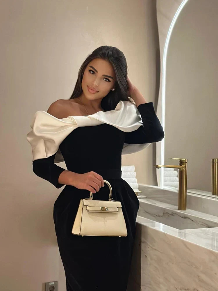 Sexy Off Shoulder Long Sleeves Bandage Black Detachable Pleated Christmas Party Dress Dresses-L