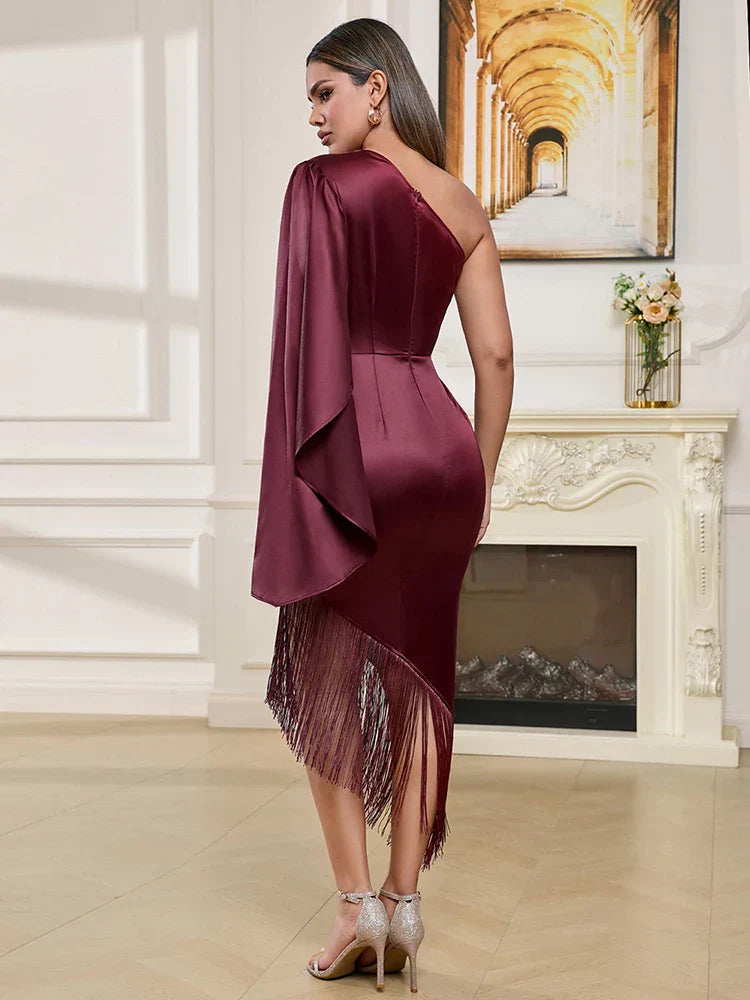 Sexy One Shoulder Tassel Design Diagonal Collar Asymmetric Fringe Christmas Party Dress Dresses-L