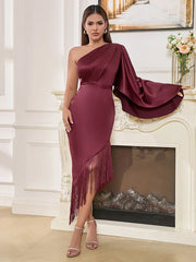 Sexy One Shoulder Tassel Design Diagonal Collar Asymmetric Fringe Christmas Party Dress Dresses-L