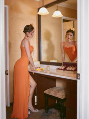 Sexy Sleeveless Square Mesh Perspective Ruffle Long Orange Sheer Irregular Christmas Party Dress