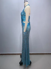 Sexy Sling Deep V-Neck Sequins Long Dress Hollow Out Slim Christmas Party Dresses-L
