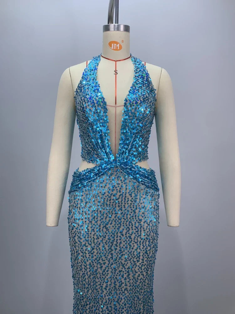 Sexy Sling Deep V-Neck Sequins Long Dress Hollow Out Slim Christmas Party Dresses-L