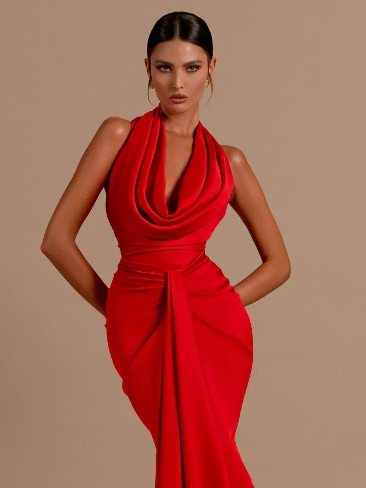 Sexy Swinging Collar Backless Pleated Long Dress Draped Design Christmas Party Dresses-L