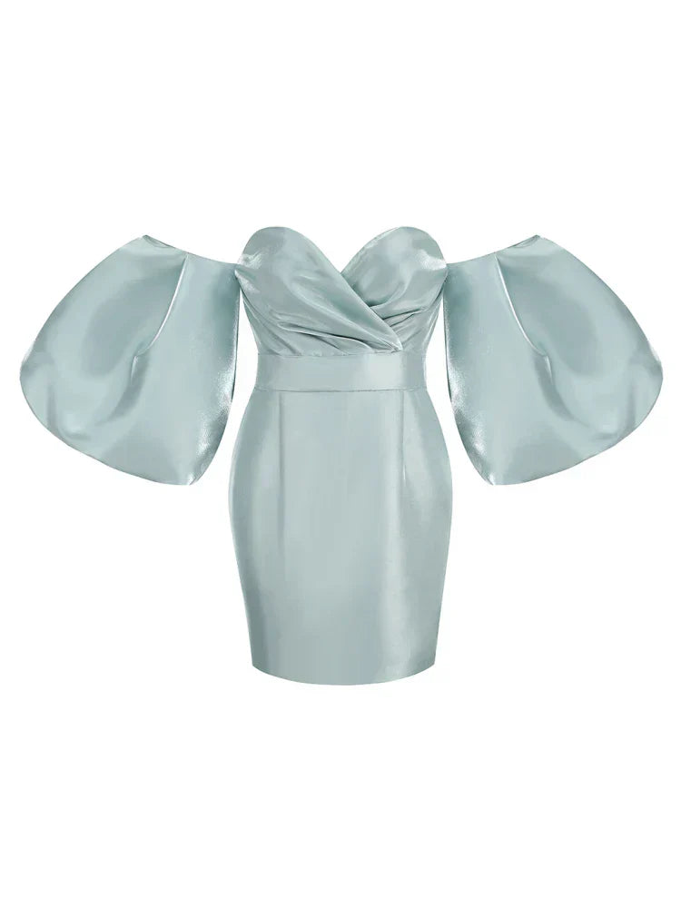 Sexy V-Neck Strapless Puff Sleeve Satin Midi Off Shoulder Christmas Party Dress Blue / S Dresses-L