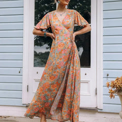 Short Puff Sleeve Mini Dress Vintage Cotton Rayon Orange Floral Print Summer Dress bohodress-250126