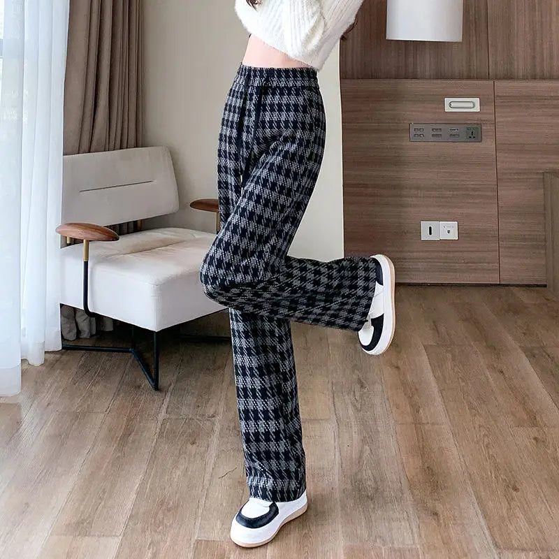 Plaid Drawstring Casual Wide Leg Pants Blue / S