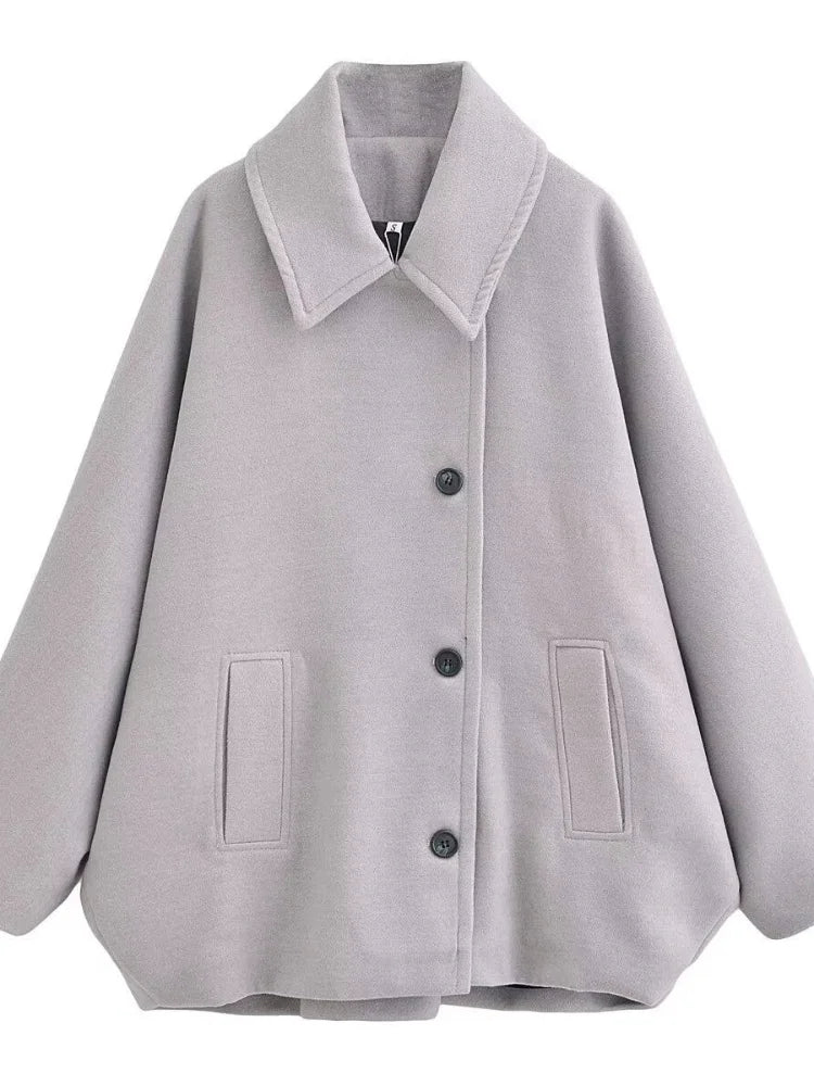 Single-breasted Lapel Loose Woolen Long Sleeve Pockets Elegant Coats