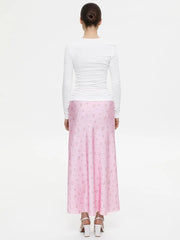 Soft Girl Floral Satin Midi Skirt