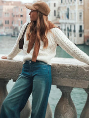 Crochet Round Neck Long Sleeve Sweater Apricot / S