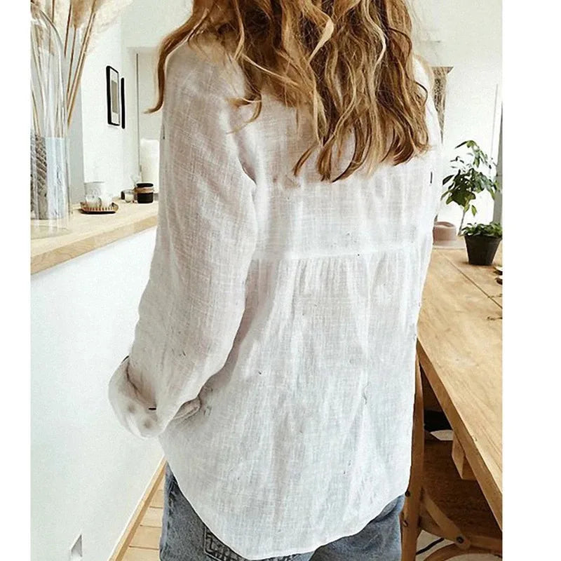 Cotton Linen Button-up Blue Office Blouse blouse-250126