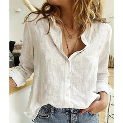 Cotton Linen Button-up Blue Office Blouse blouse-250126