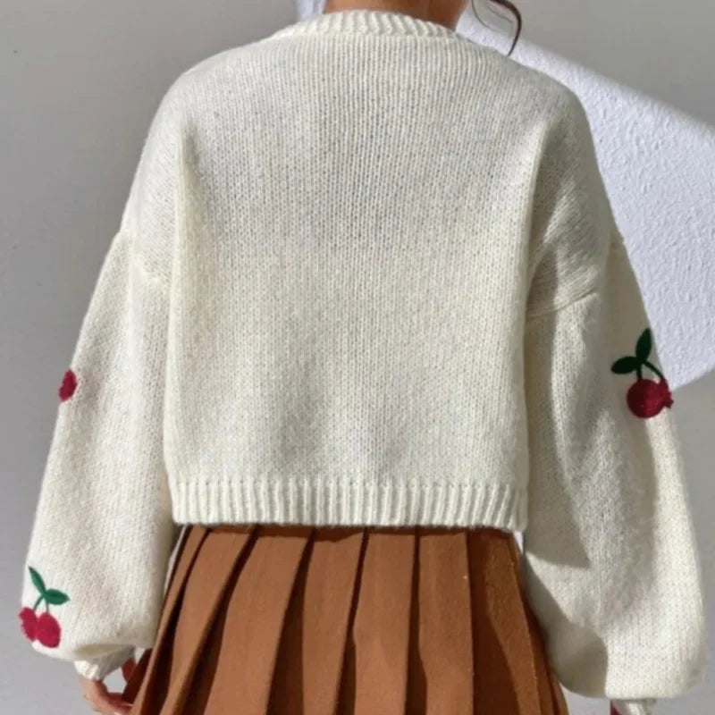 Cherry Embroidery Loose Long Sleeve Casual Knit Cardigan cardiagn-250126