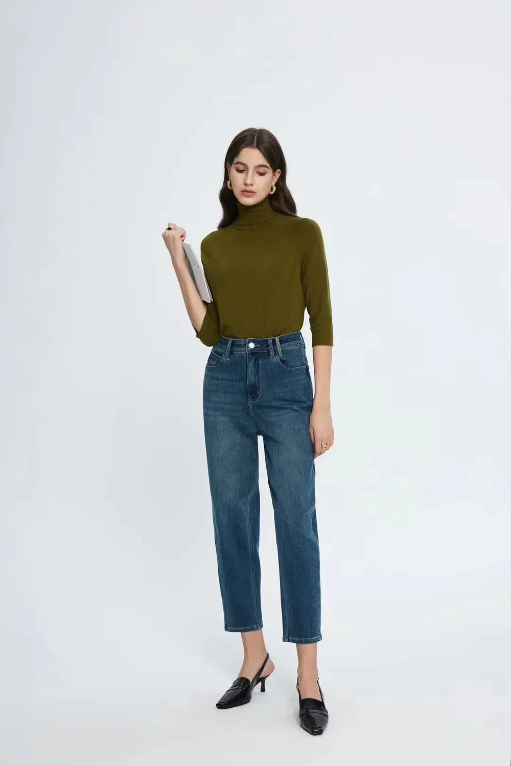 Spring New High Waist Retro Washed Blue Straight Jean