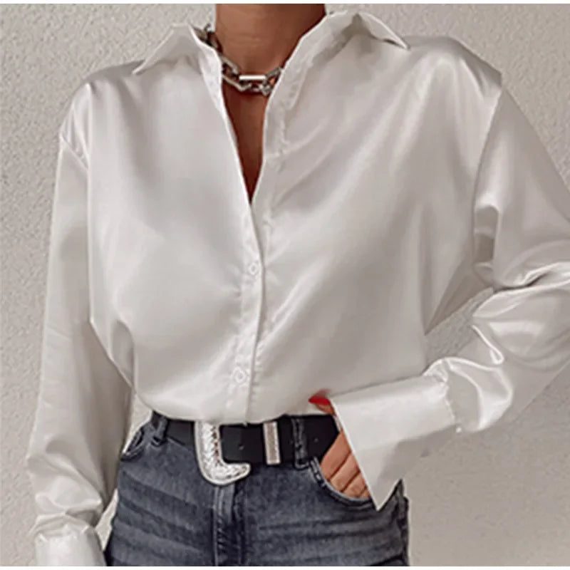 Satin Long Sleeve Vintage Blue Blouse blouse-250223