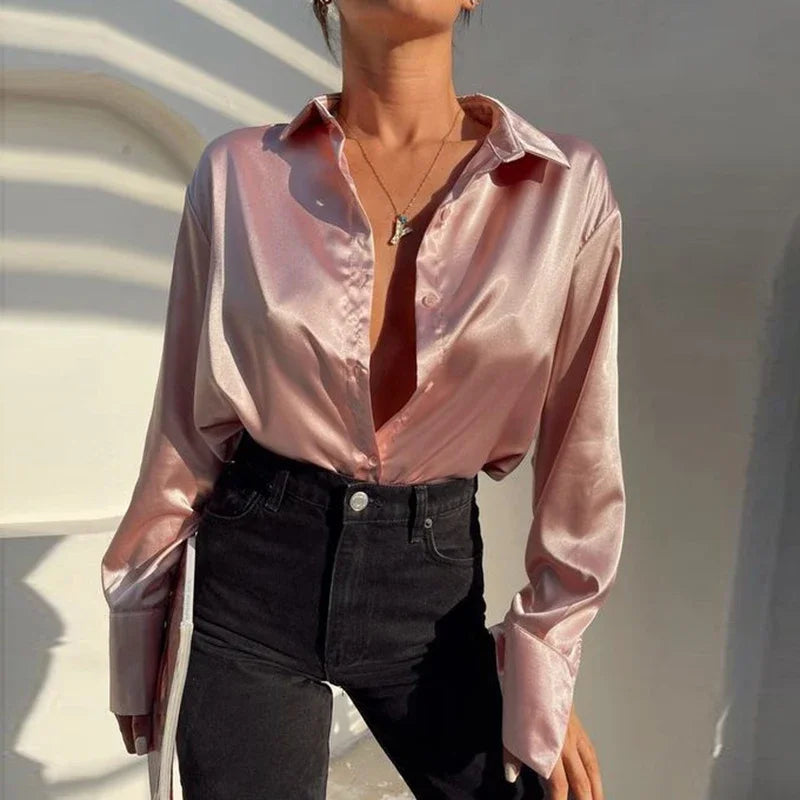 Satin Long Sleeve Vintage Blue Blouse Pink / S blouse-250223