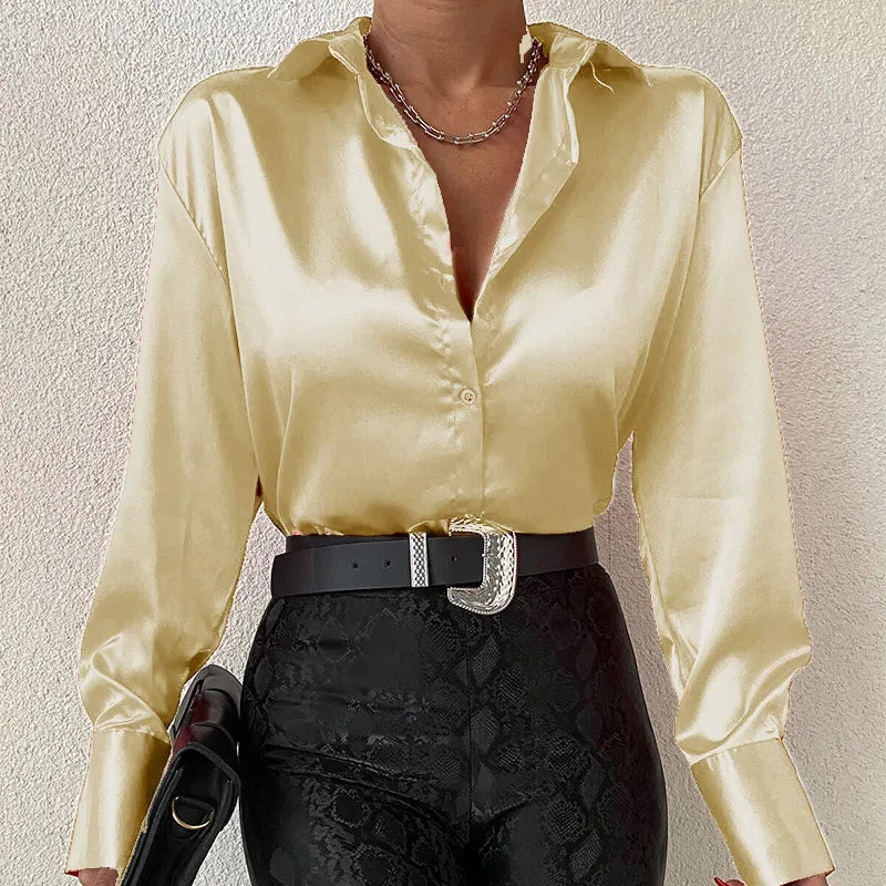 Satin Long Sleeve Vintage Blue Blouse blouse-250223