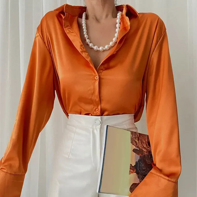 Satin Long Sleeve Vintage Blue Blouse blouse-250223