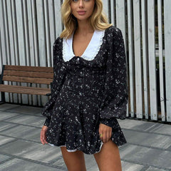 Long Sleeve Floral Short Dress Design Doll Collar Tight Waist A- line Dress
