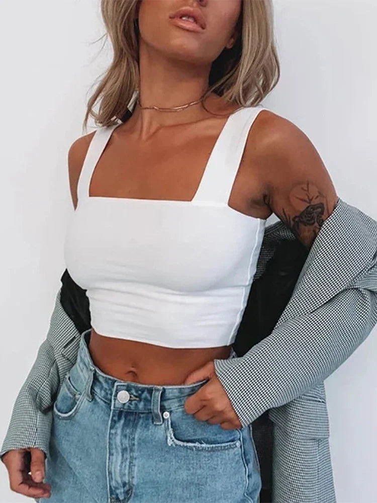 Square Neck Sleeveless Summer Crop Women Black Casual Basic T Shirt Off Shoulder Cami Sexy Backless