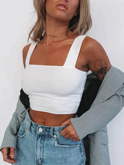 Square Neck Sleeveless Summer Crop Women Black Casual Basic T Shirt Off Shoulder Cami Sexy Backless