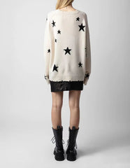 Star Ripped Cashmere Knit Pullover Casual Long Sleeve Knit Top