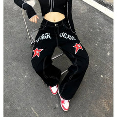 Wide Leg Stars Letter Print Jeans Pants
