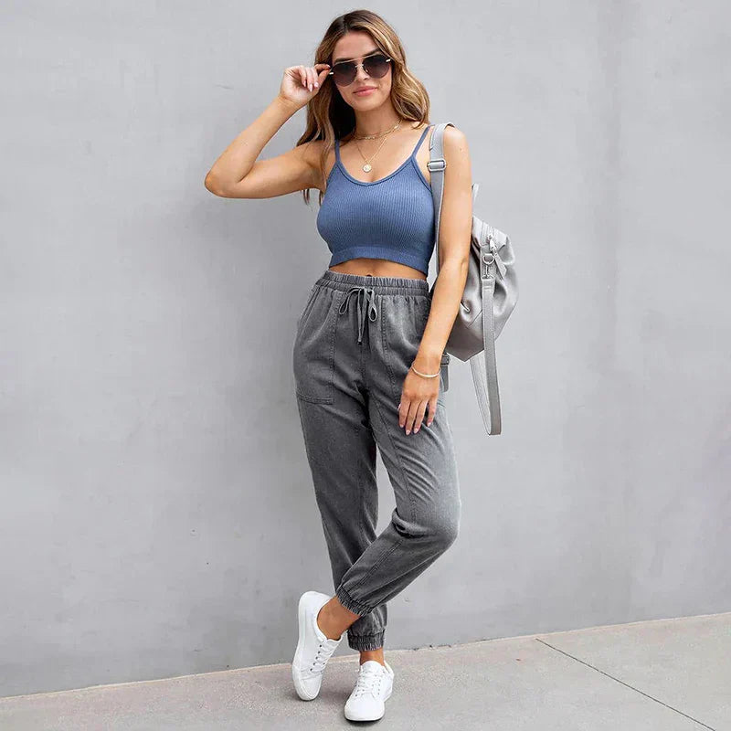 Stretch Women High Waist Wide Leg Casual Fashion Pocket Drawstring Clothing Mom Jean
