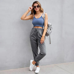 Stretch Women High Waist Wide Leg Casual Fashion Pocket Drawstring Clothing Mom Jean