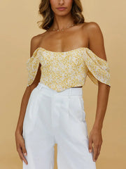 Floral Scooped Neck Off-Shoulder Zipper Back Fitted Crop Top croptop-250126