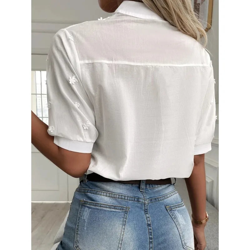 Floral Embroidery Hollow Out V Neck Blouse blouse-250223