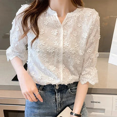 Lace Embroidered Floral Short Sleeve Casual White Blouse blouse-250126