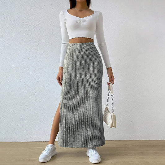 Elegant Ribbed Long Slim Fit Elastic Side Slit Skirt