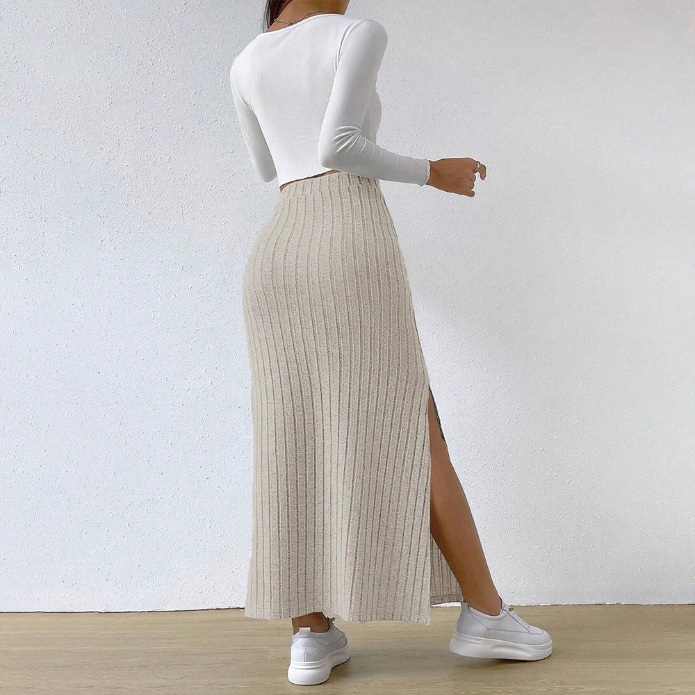 New Office Ladies Ribbed Elastic Elegant Waist Side Slit Skirt