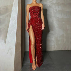 Summer Sequin Sexy High Slit Elegant Christmas Party Dress Dresses-L