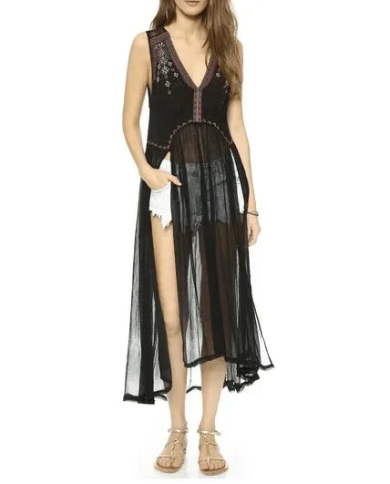 Lace Flare Sleeve Tassel Hollow Maxi Boho Dress bohodress-250126