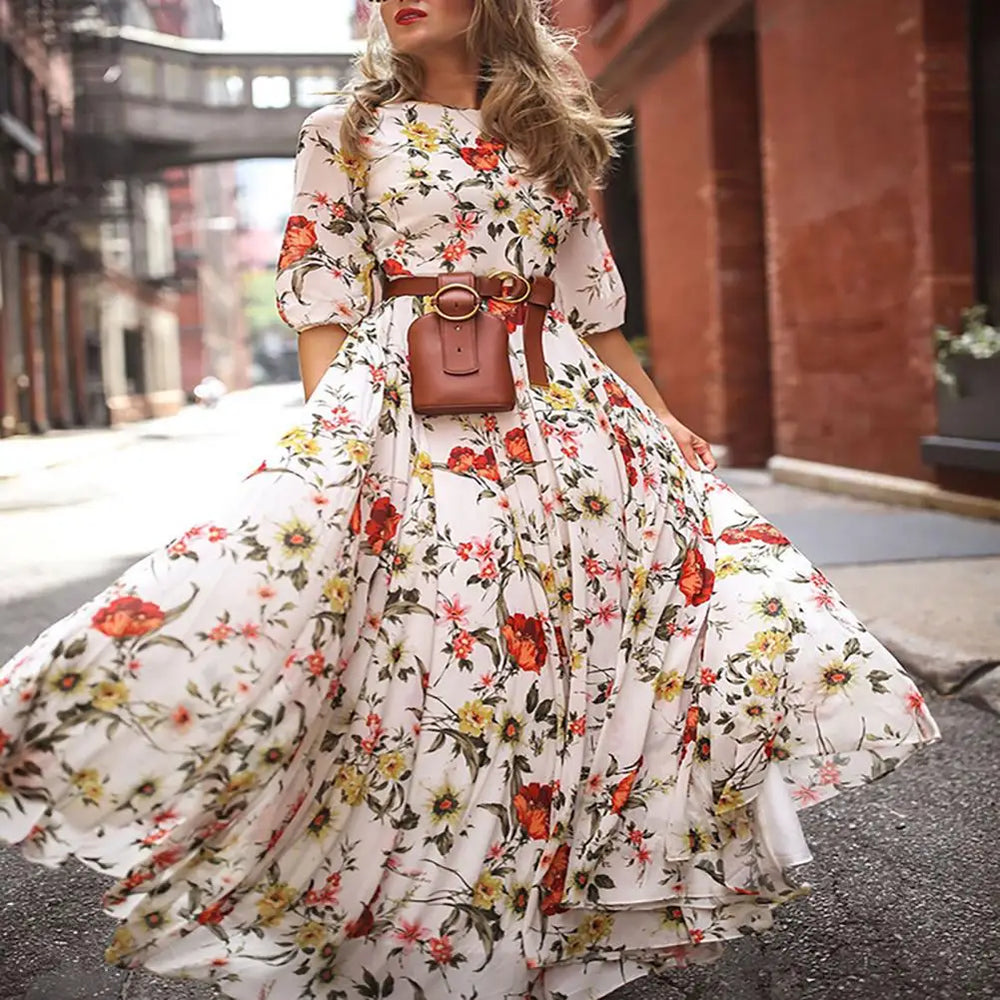 Maxi Dress Flower Print Pleated Swing Evening Dress floraldress-250126