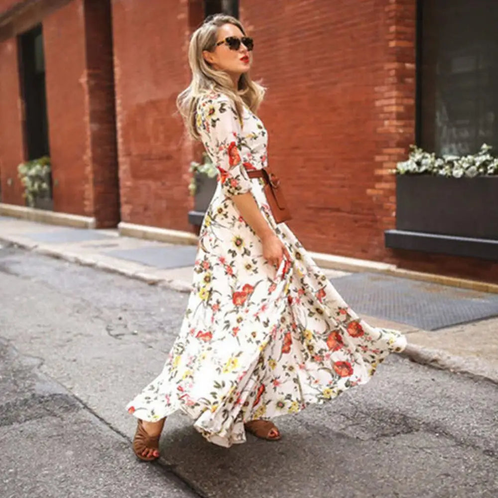 Maxi Dress Flower Print Pleated Swing Evening Dress floraldress-250126
