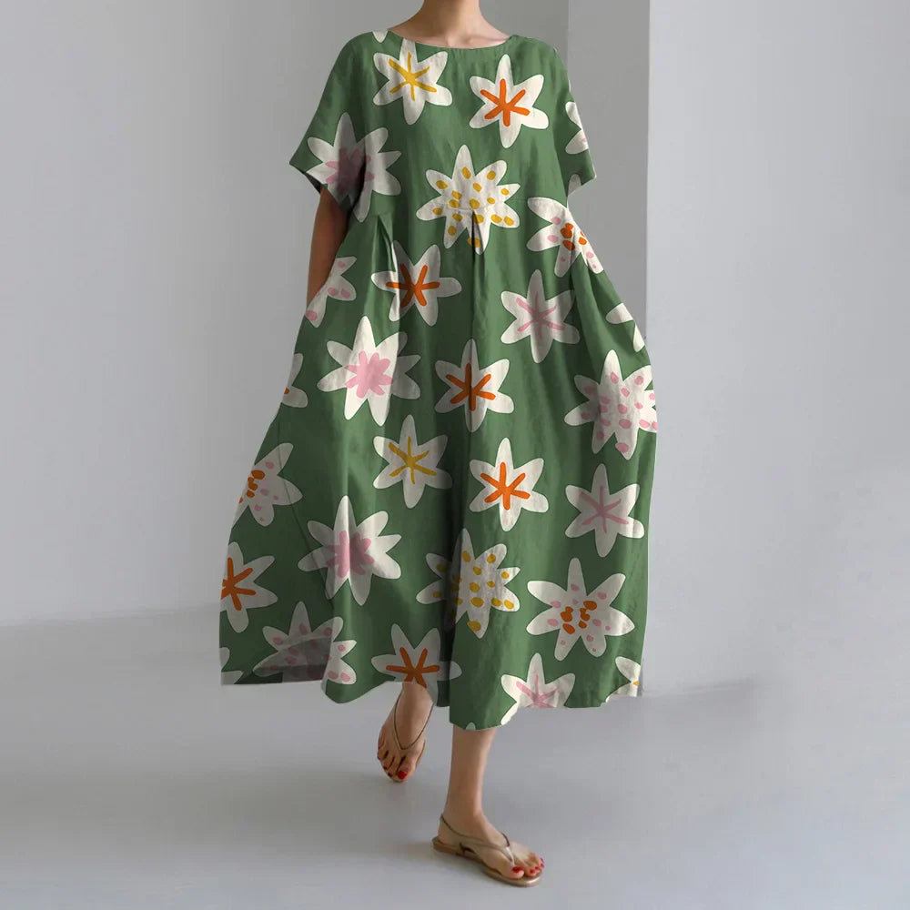 Fashion Floral Printed Short Sleeve Dinner Floral Dress green3 / S oldfloraldress-250126