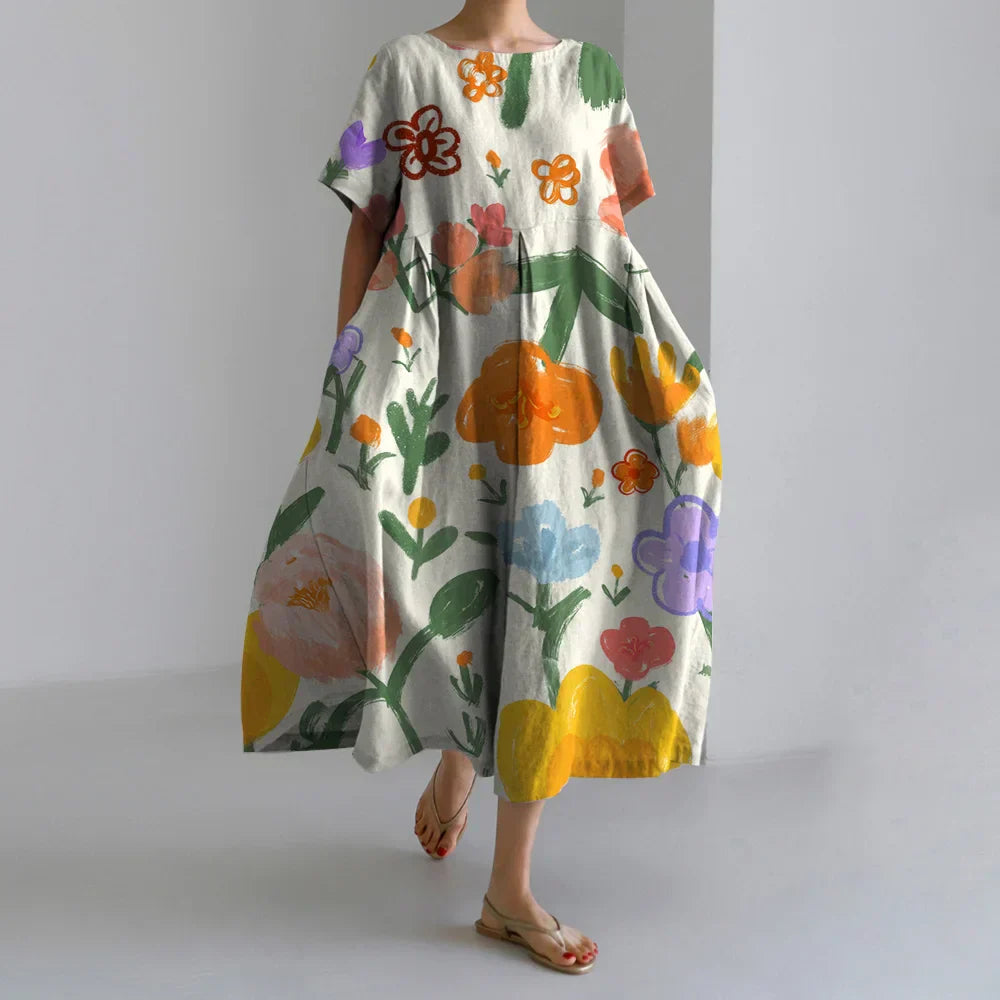 Fashion Floral Printed Short Sleeve Dinner Floral Dress yellow1 / S oldfloraldress-250126