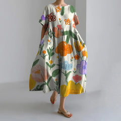 Fashion Floral Printed Short Sleeve Dinner Floral Dress yellow1 / S oldfloraldress-250126