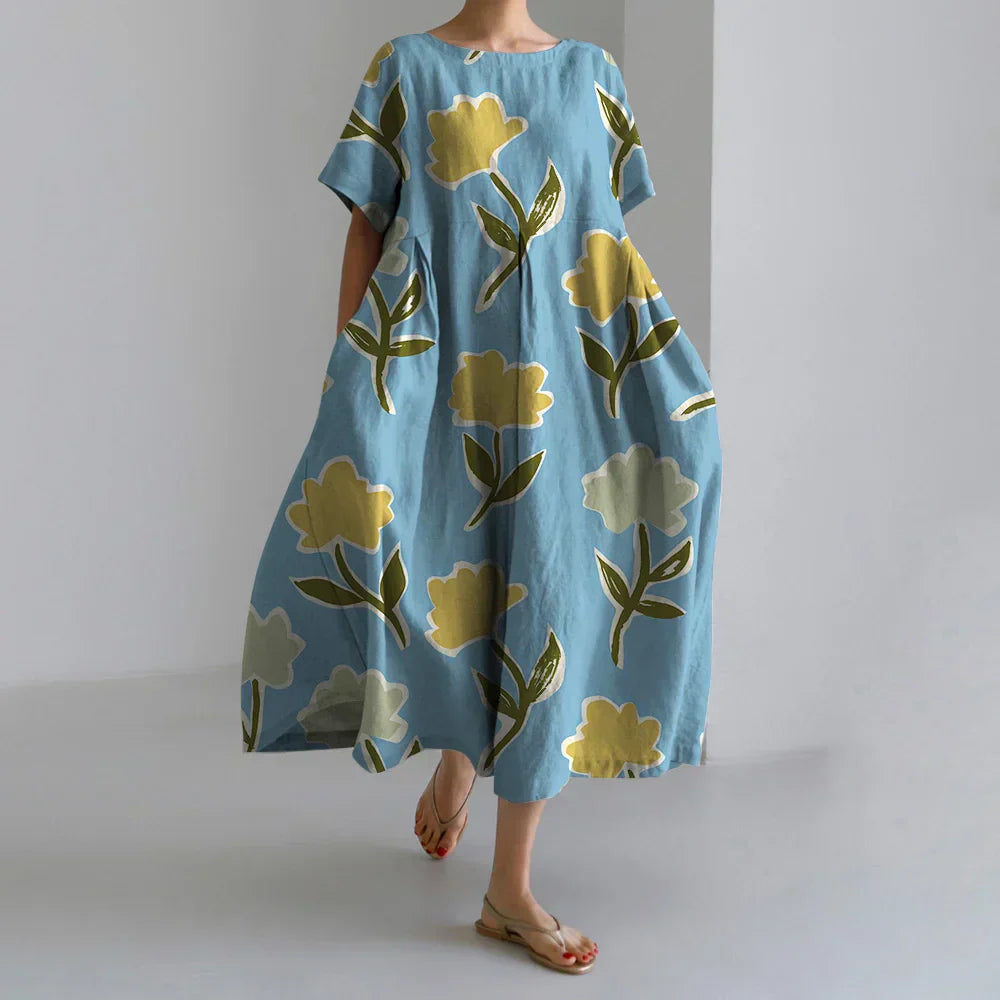 Fashion Floral Printed Short Sleeve Dinner Floral Dress green1 / S oldfloraldress-250126