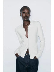 Simple Polo Collar Long Sleeve Cardigan WHITE / S