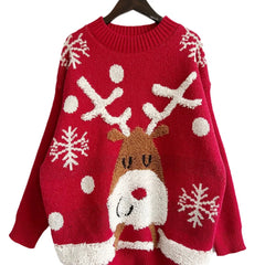 Fashion Casual Thickened Raglan Sleeve Elk Christmas Tree Sweater Sweaters-L
