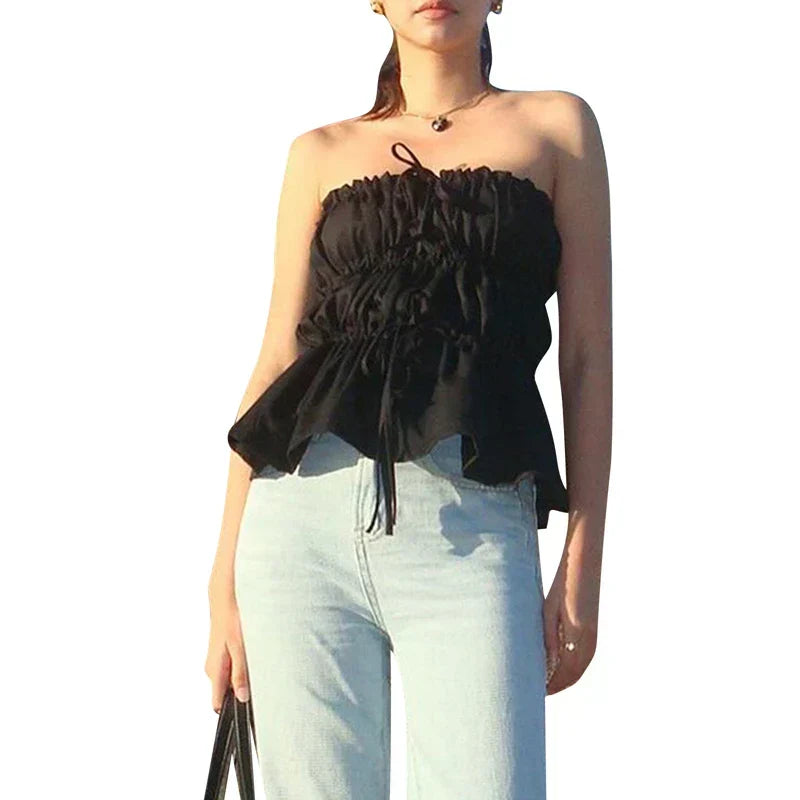 Sweet Ruched Tie Up Off Shoulder Sleeveless Slim Fit Y2K Strapless Crop Top croptop-250126