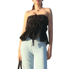 Sweet Ruched Tie Up Off Shoulder Sleeveless Slim Fit Y2K Strapless Crop Top croptop-250126