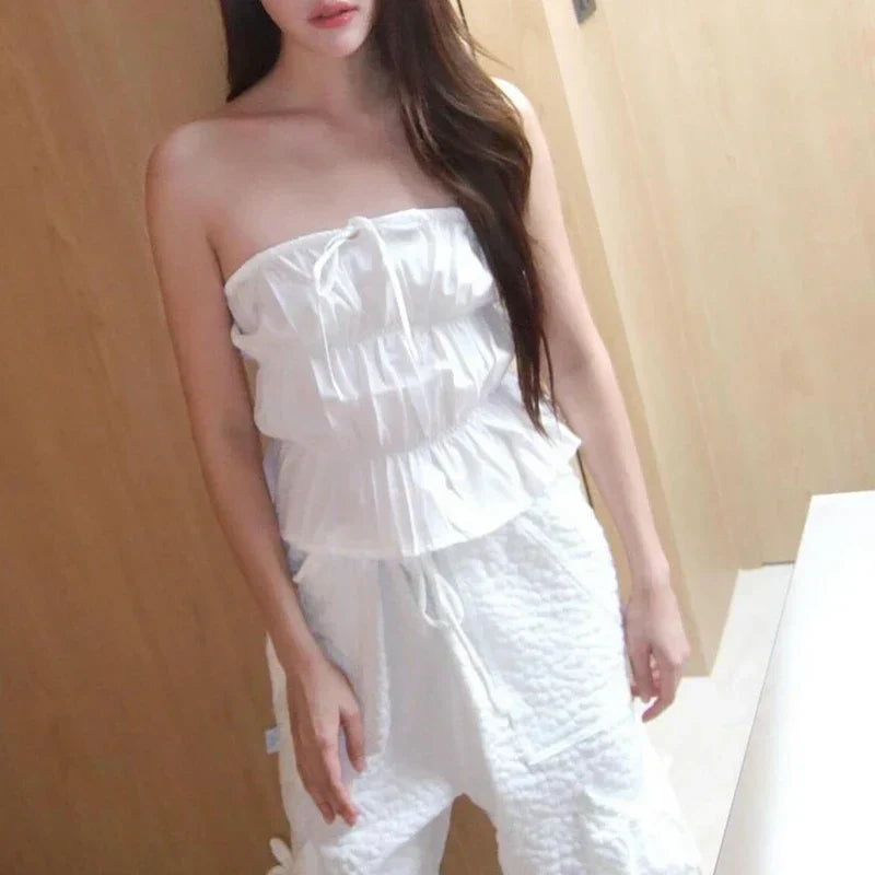 Sweet Ruched Tie Up Off Shoulder Sleeveless Slim Fit Y2K Strapless Crop Top croptop-250126