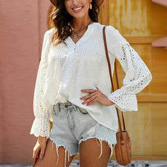 White Long Sleeve Lace Oversize V-Neck Boho Blouse White / S bohoblouse-250126