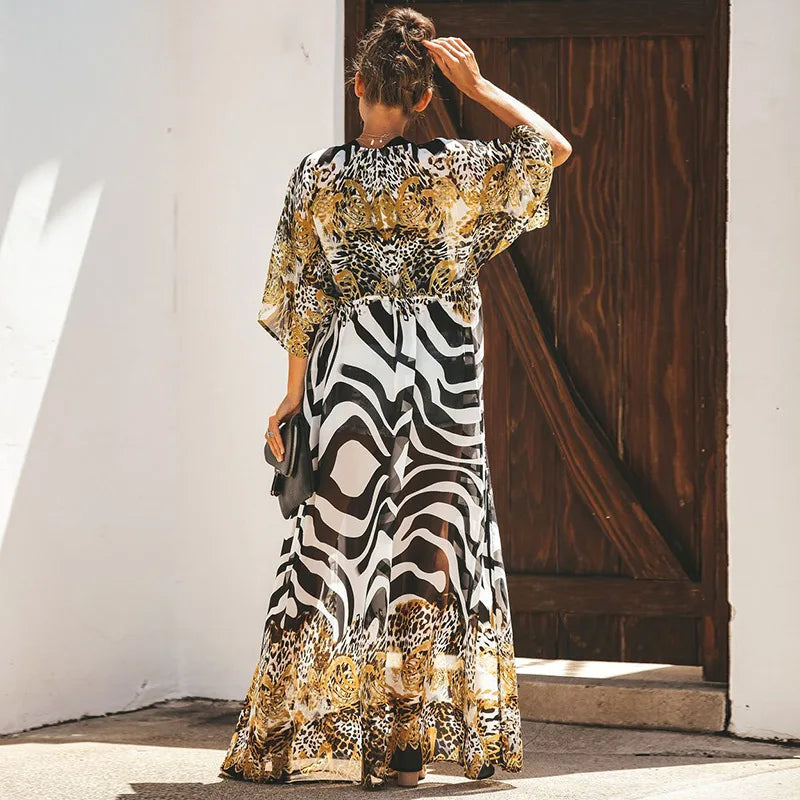 Chiffon Leopard Print Kimono Boho Bikini Cover Up bohocoverup-250126