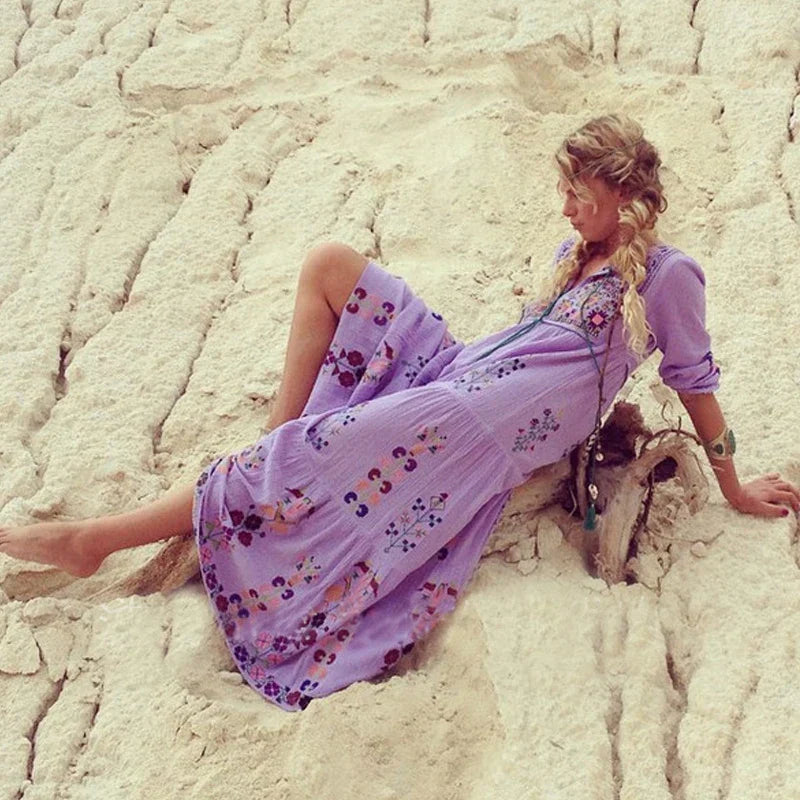 Cotton Floral Embroidered Maxi Dress bohodress-250126