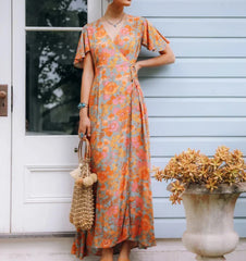 Cotton Orange Floral Boho Dress bohodress-250126